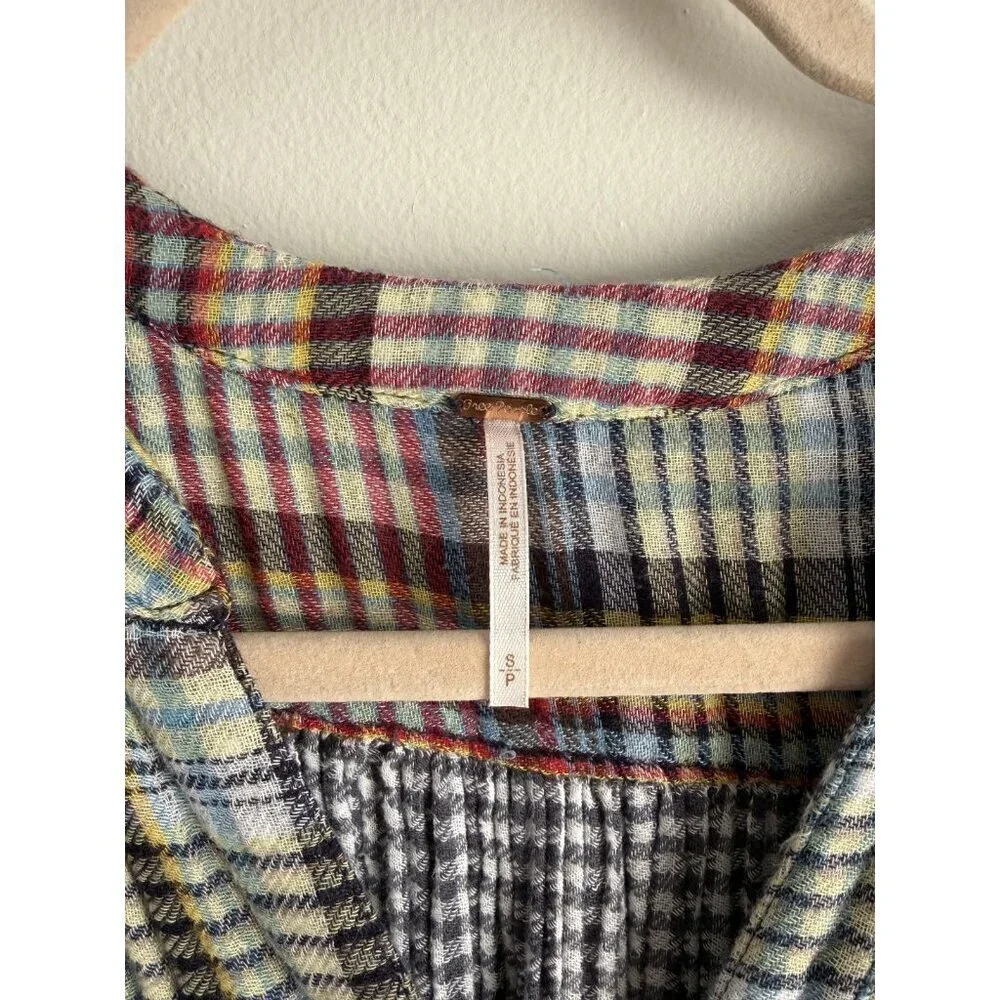 Free People Come On Over Multicolor Plaid Pleated Flowy Oversized Top Boho S